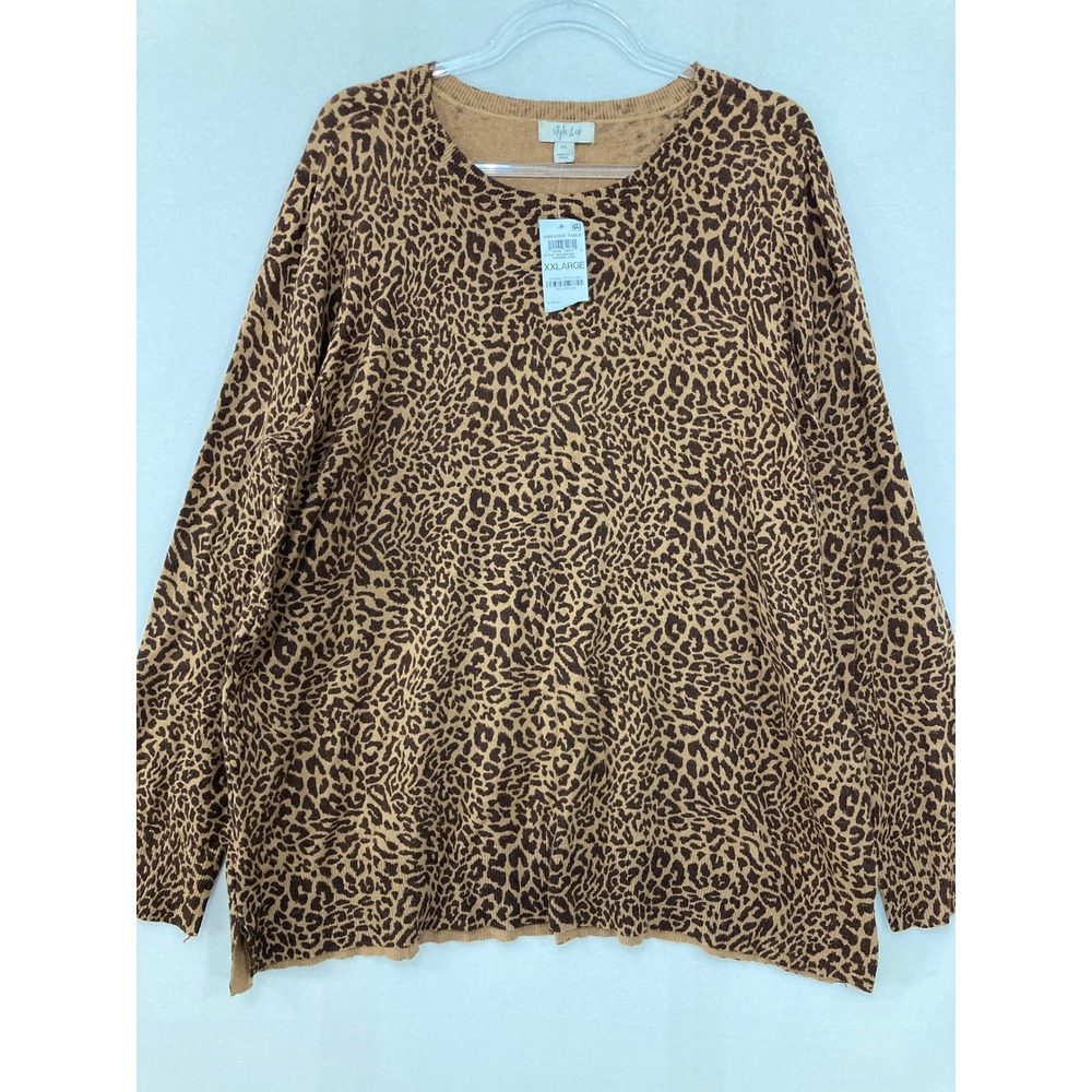 New Style & Co Sweater XXL Brown Leopard Print Crew Neck Lightweight Comfy